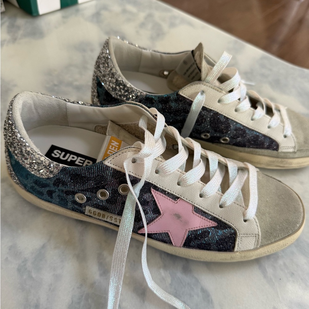 Golden Goose Cheetah Glitter Leather Sneakers with Pink Star